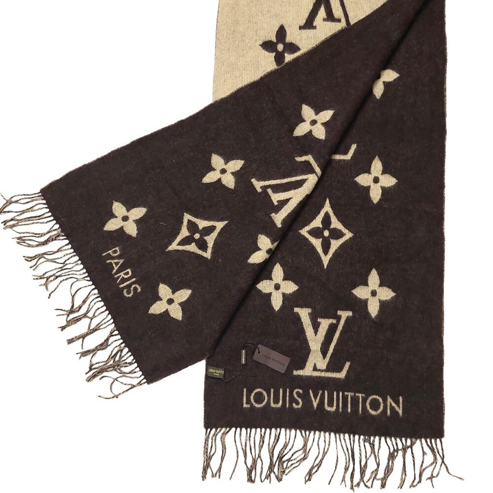 SOLD OUT LOUIS VUITTON Reykjavik Dark Brown & Tan Reversible Scarf Shawl VWT - Picture 5 of 14